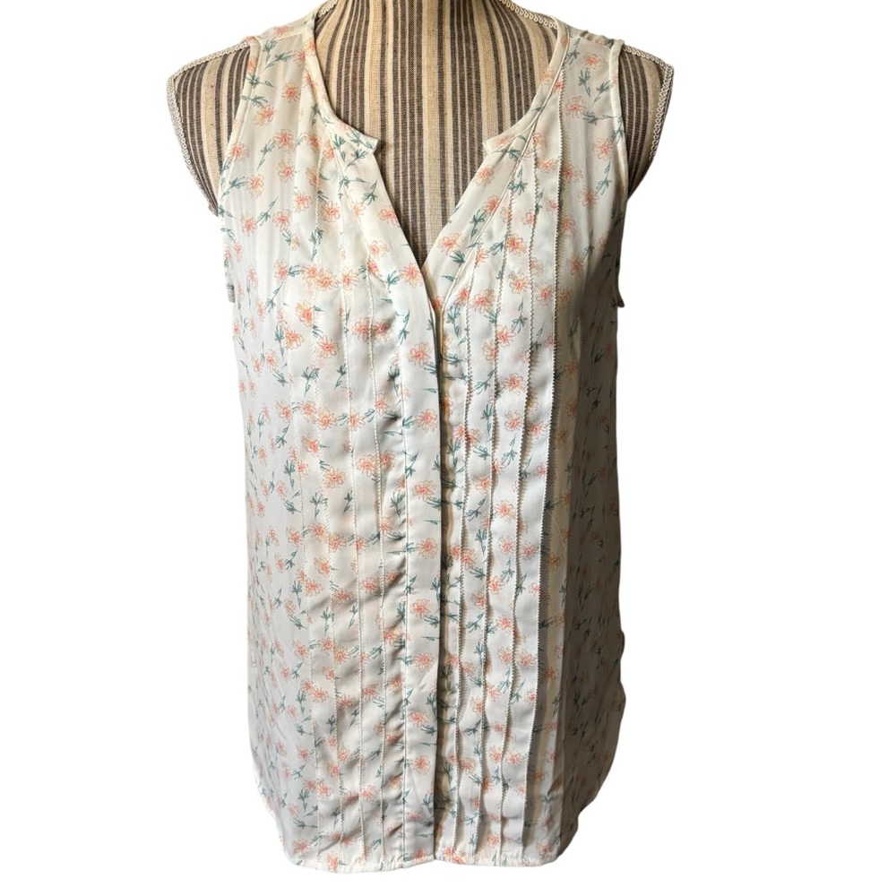 Sale! LC Lauren Conrad Top S White Floral Pink Orange Green Sleeveless Button-Up